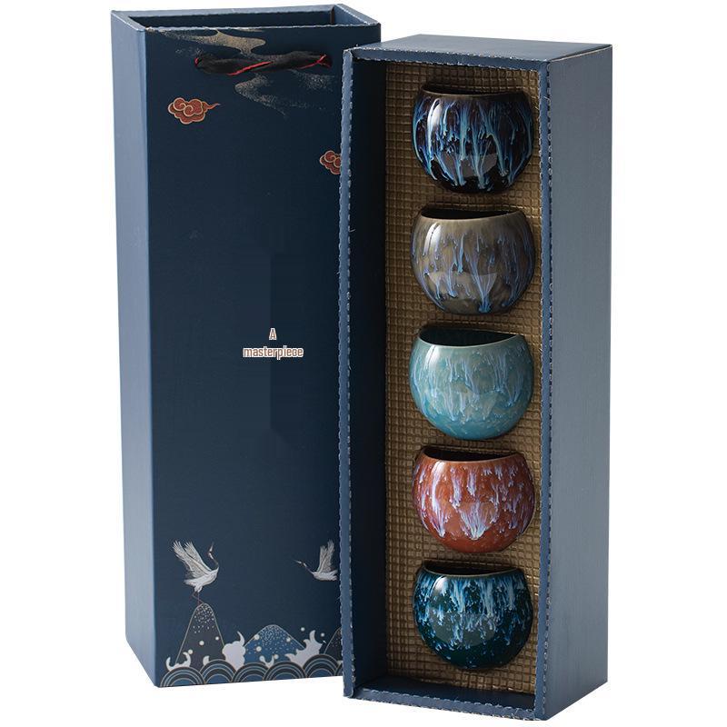 Kiln-Change Five Elements Ceramic Tea Cup Set with Tianmu Glaze