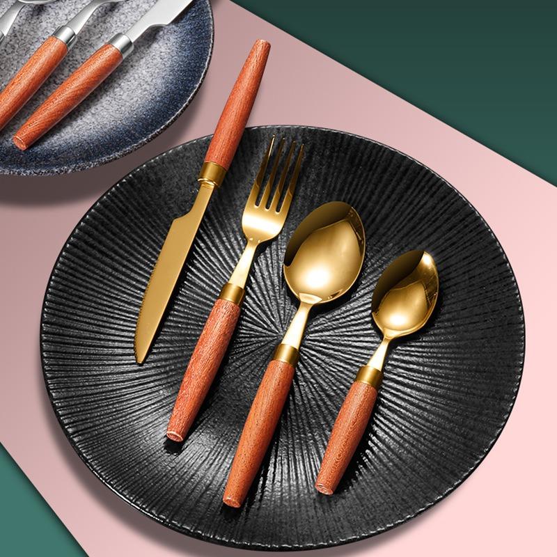 304 Stainless Steel Cutlery Sapele Wood Handle Western-style Knife, Fork and Spoon Simple Cutlery Four Sets