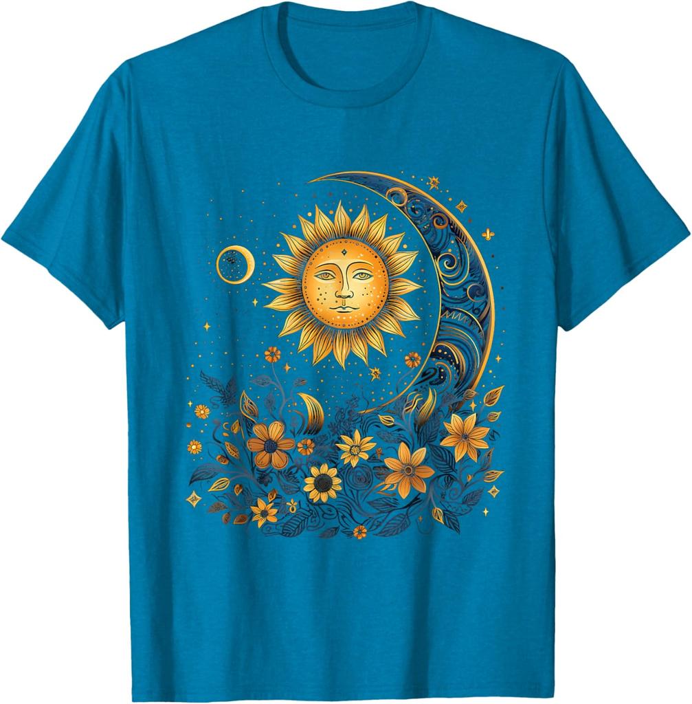 Mystic Sun and Moon Floral Graphic T-Shirt Men Casual Print O-Neck Breathable Trip Tee