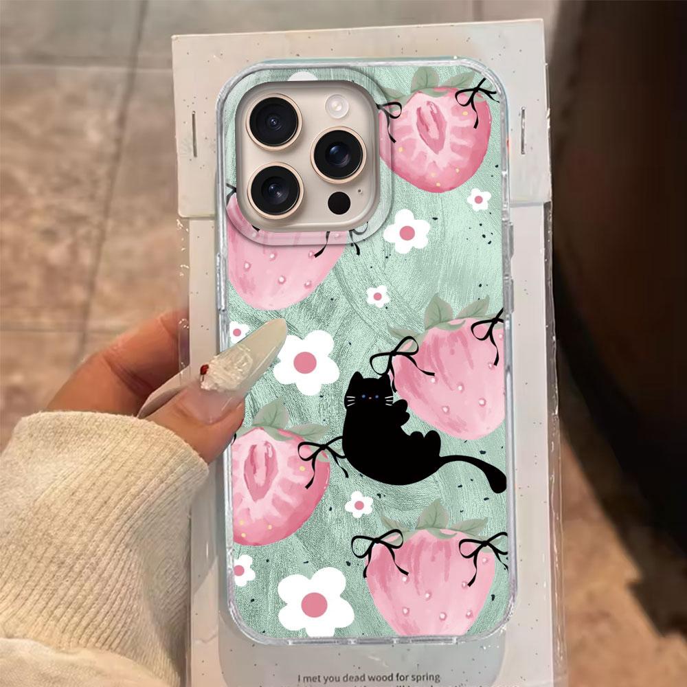 Pink Fruit Cherry Butterfly Feather Texture Phone Case for iphone 16 15 14 7 8 Plus 13 Pro Max X XS XR SE 2022 Silicone Cover