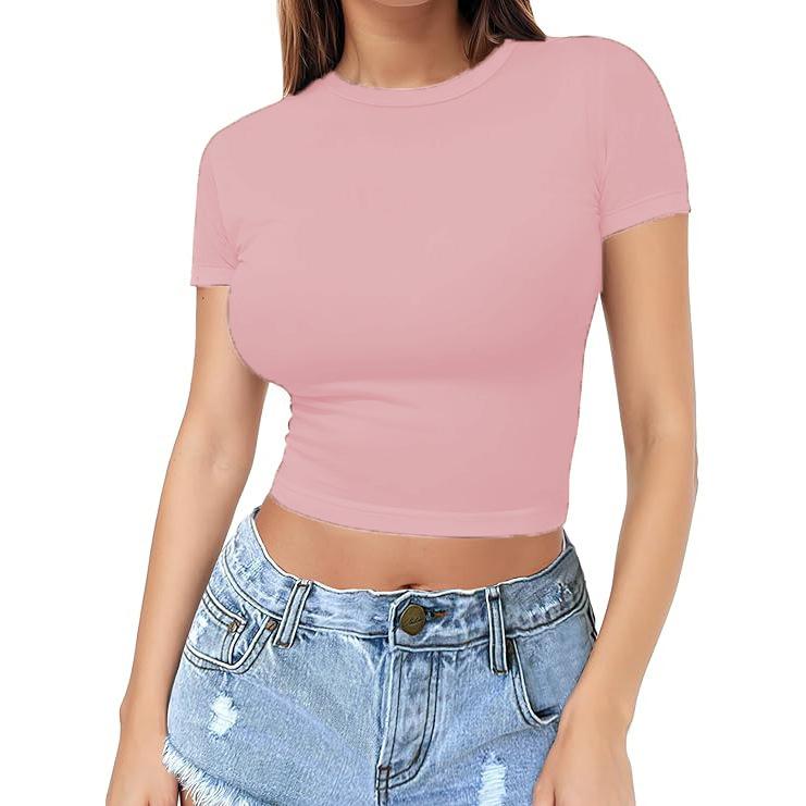 European Beautiful Women's Navel T-shirt Spice Girl Summer Pullover Top Women's Thin Round Neck Fashion Milk Silk Short Sleeves