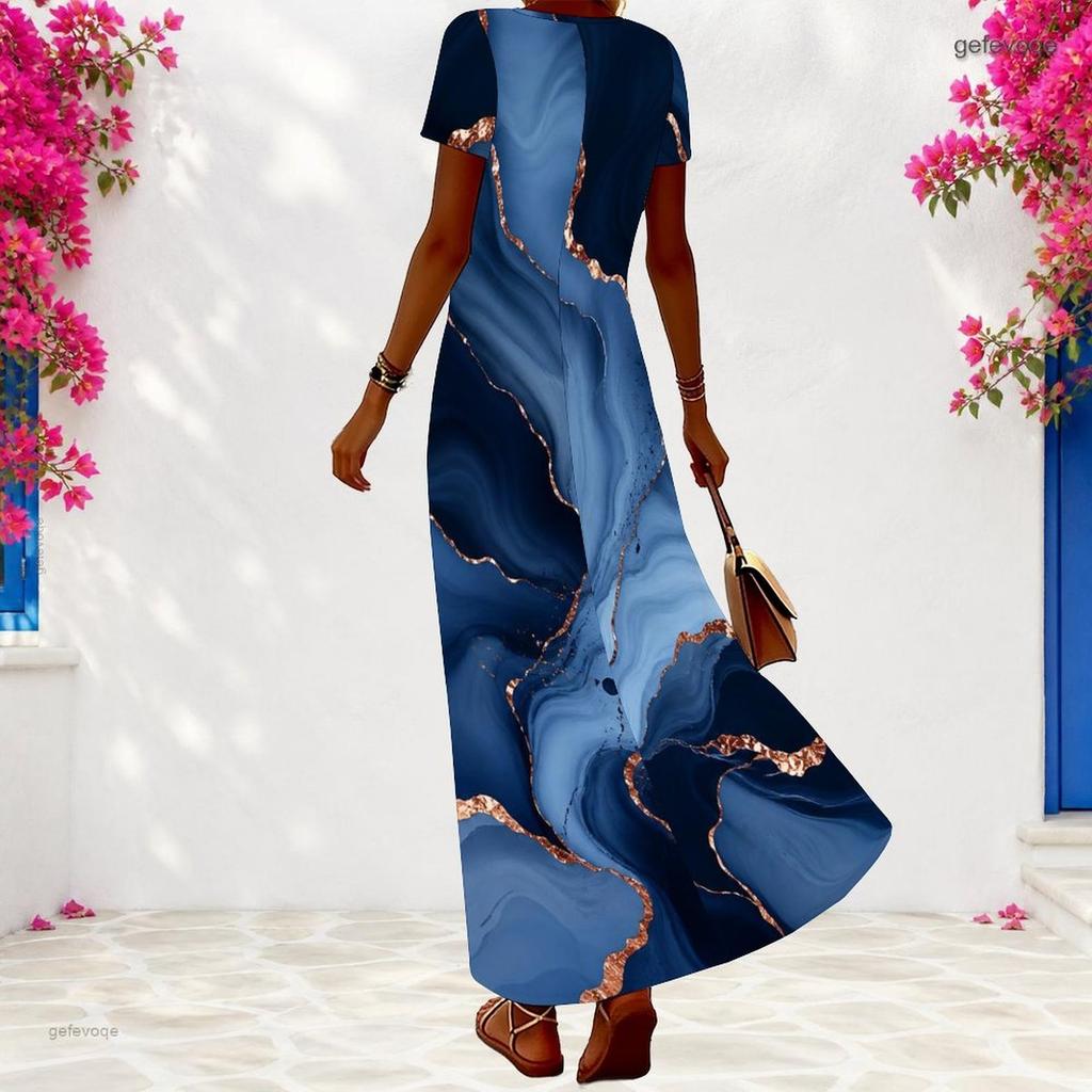 Women Plus Size V Neck Short Sleeve Marble Printed Teal Blue Maxi Dress
