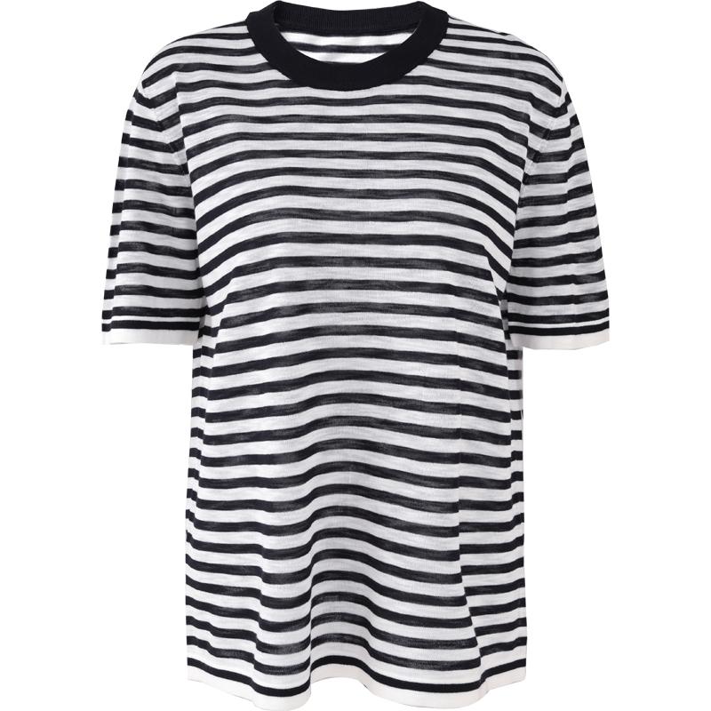 Yalida Women's Relaxed Striped Knitted Short-Sleeved Pullover T-Shirt