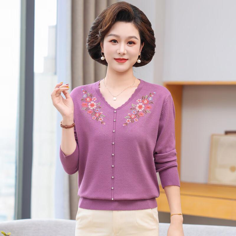 Hengyuanxiang Women's Floral Embroidered V-Neck Long Sleeve Knit Pullover