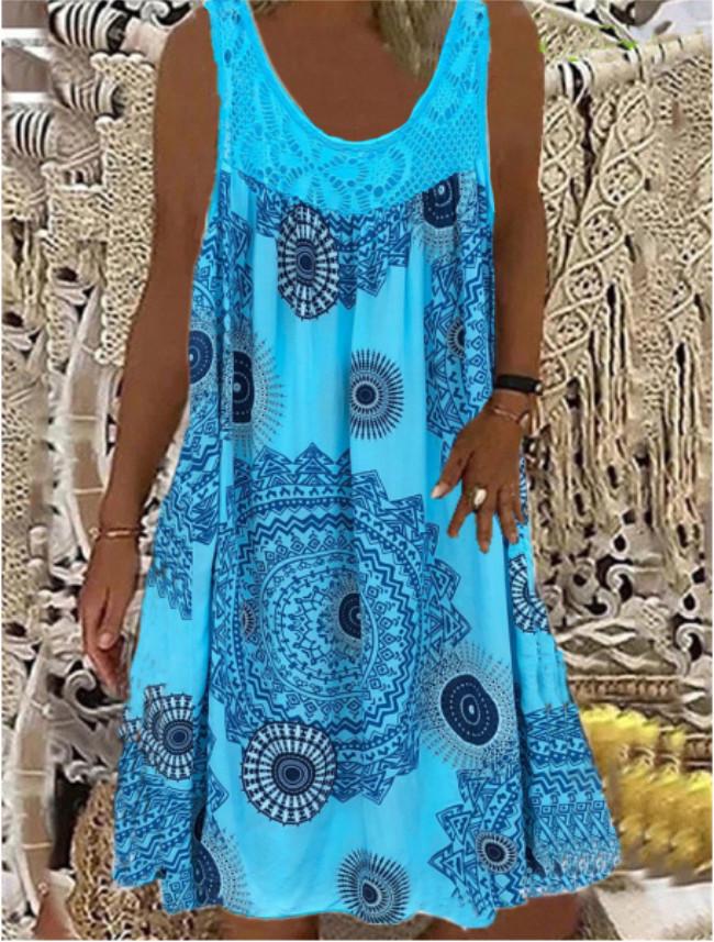 2026 European & American Digital Print Off-Shoulder Spaghetti Strap Lace Casual Dress S светло-синий