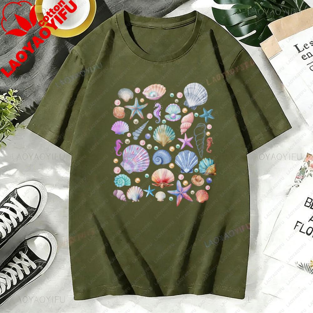 Seashell Pattern Unisex Tshirt Casual Fashion Summer Cotton Short Sleeve Oneck Hot Sale Tops Beach Vacation Clothing Gift Tee