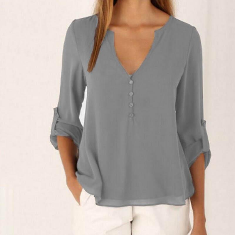 Women's V-Neck Blouse Plus Size Chiffon Shirt Long Sleeve Rollable Sleeve Loose Tops Casual T-shirt