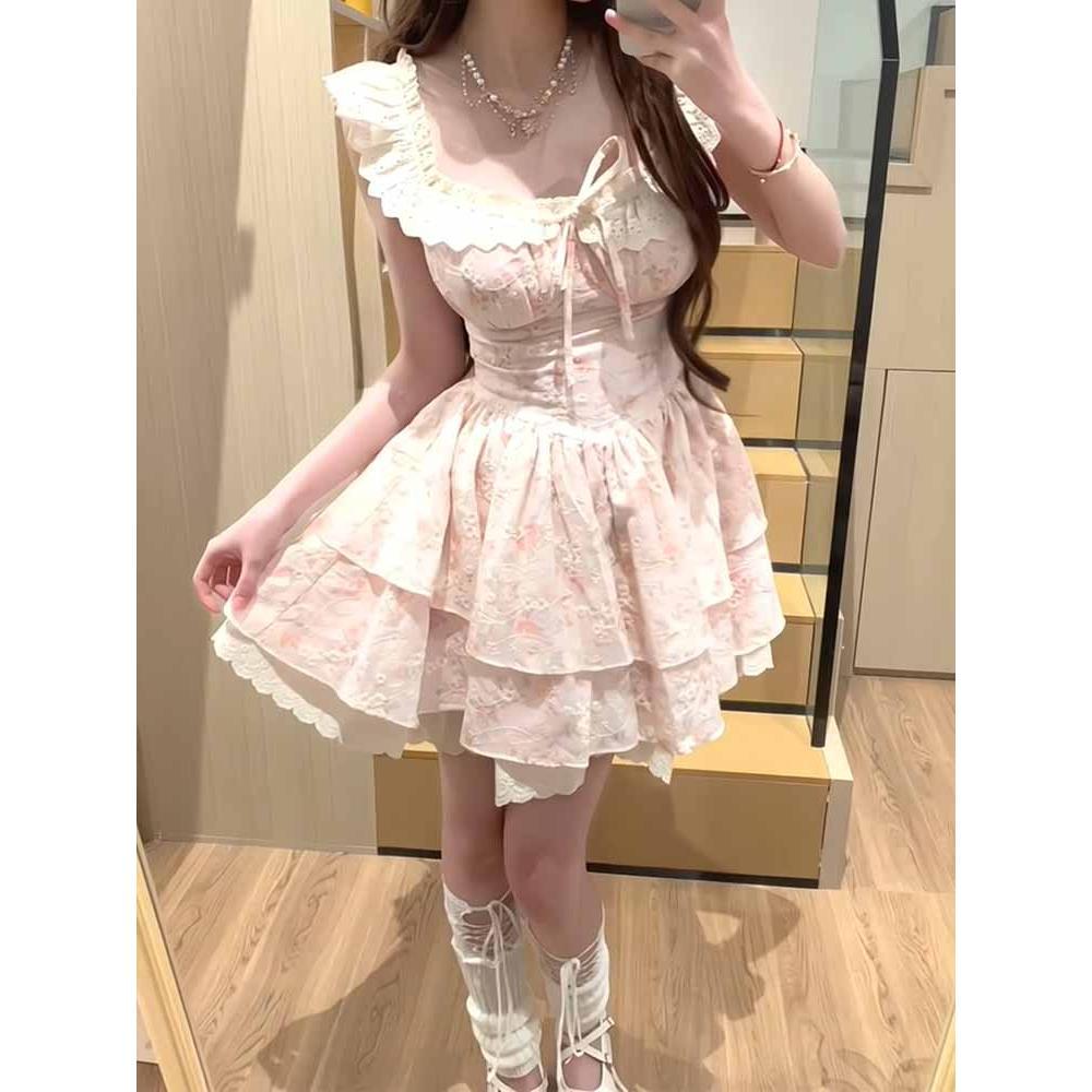 South Korea Dongdaemun summer sweet waist thin new small flying sleeves lady sweet French floral dress women