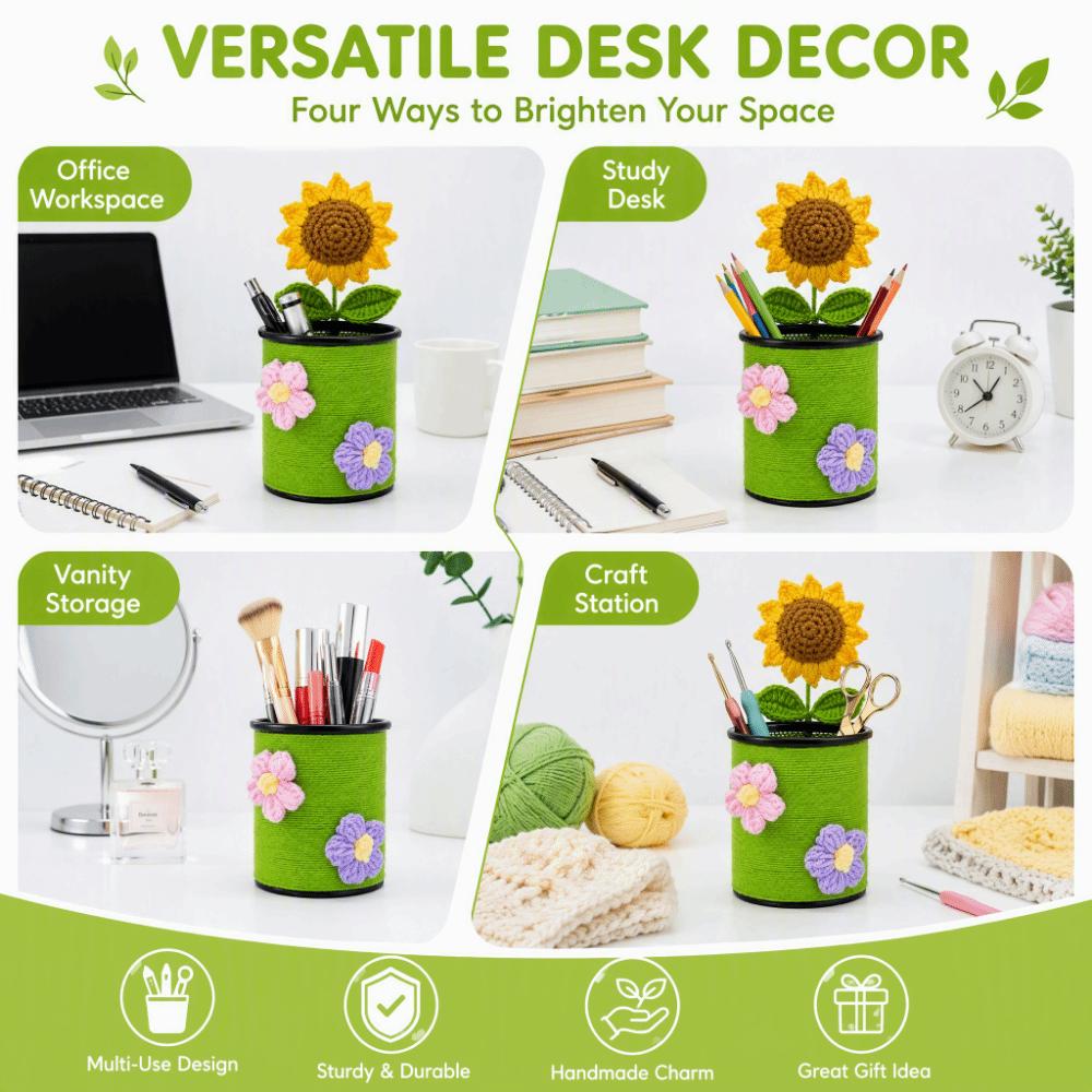 Handmade Crochet Sunflower Pen Holder Cute Desk Pencil Holder Office School Supplies