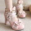 Womens Lolita Gothic Pumps High Heel Lace Cross Strap Bow Tie Bead Sweet Cosplay Party Shoes Round Toe Dress Footwear