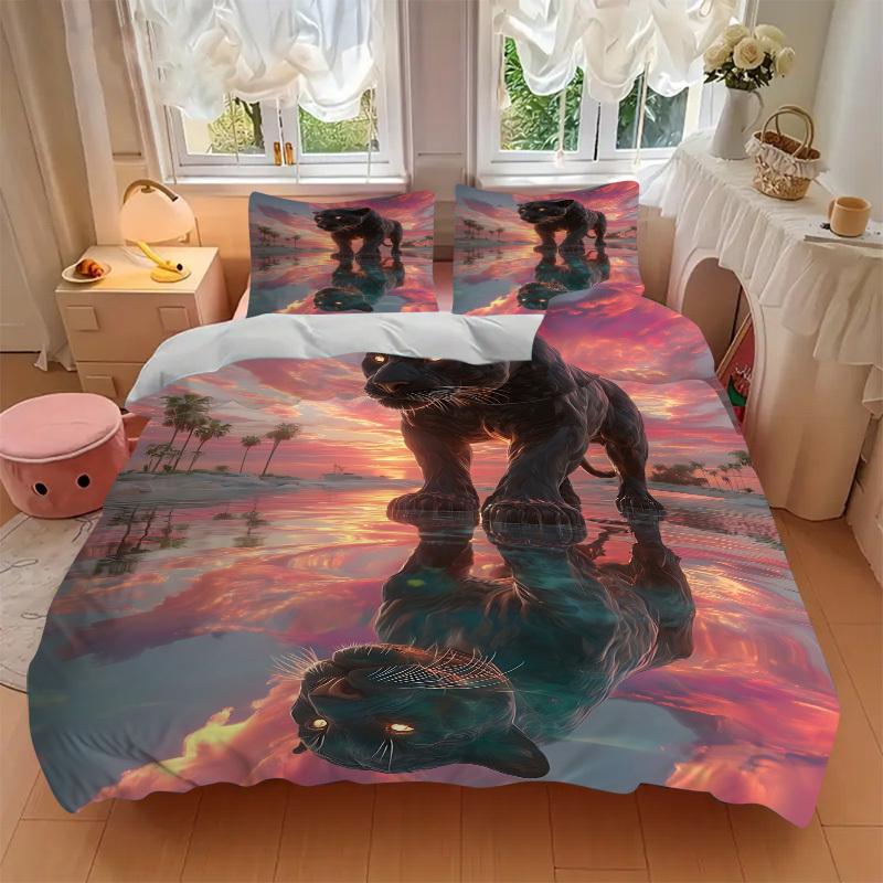 3pcs Panther Reflection Sunset Bedding Set - 1 Duvet Cover + 2 Pillowcases(Core Not Included), Machine Washable Polyester, All-Season Comfor