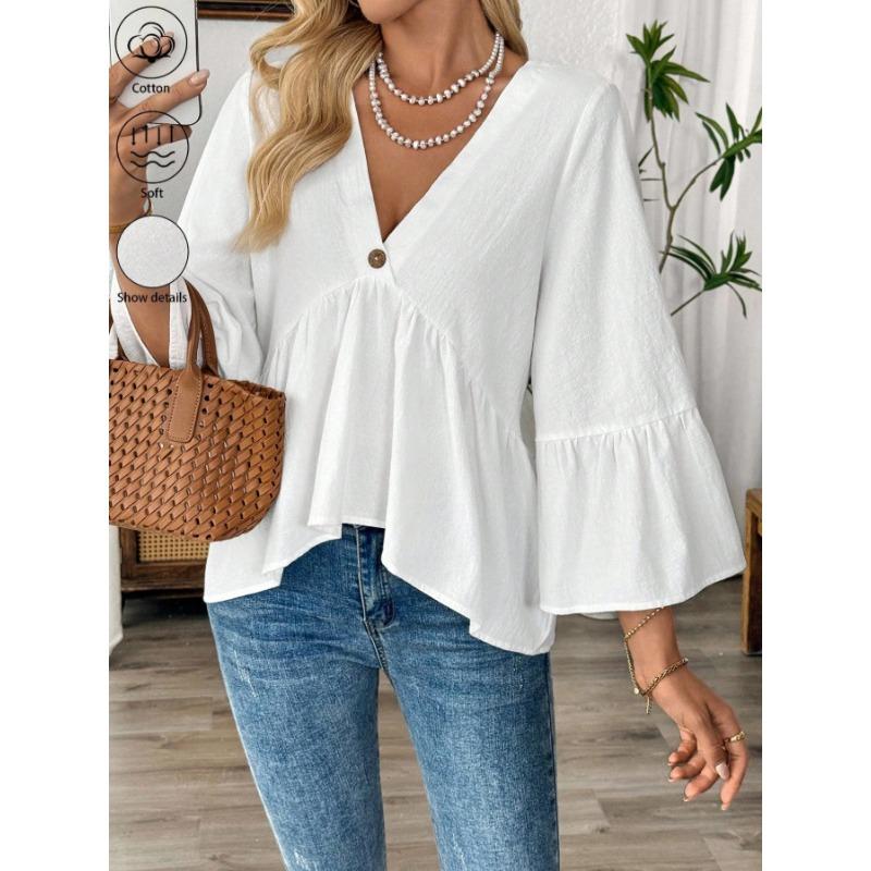 Spring Summer V-neck Elegant Loose Ruffled Women Blouse Half Sleeve Simple Casual Blouse Female New Solid Color Lotus Leaf Tops Office Sweet Clothing