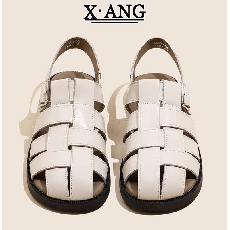 Cowhide version soft-soled bag head half slippers women's summer wear 2025 new woven hollow pig cage shoes Roman sandals women