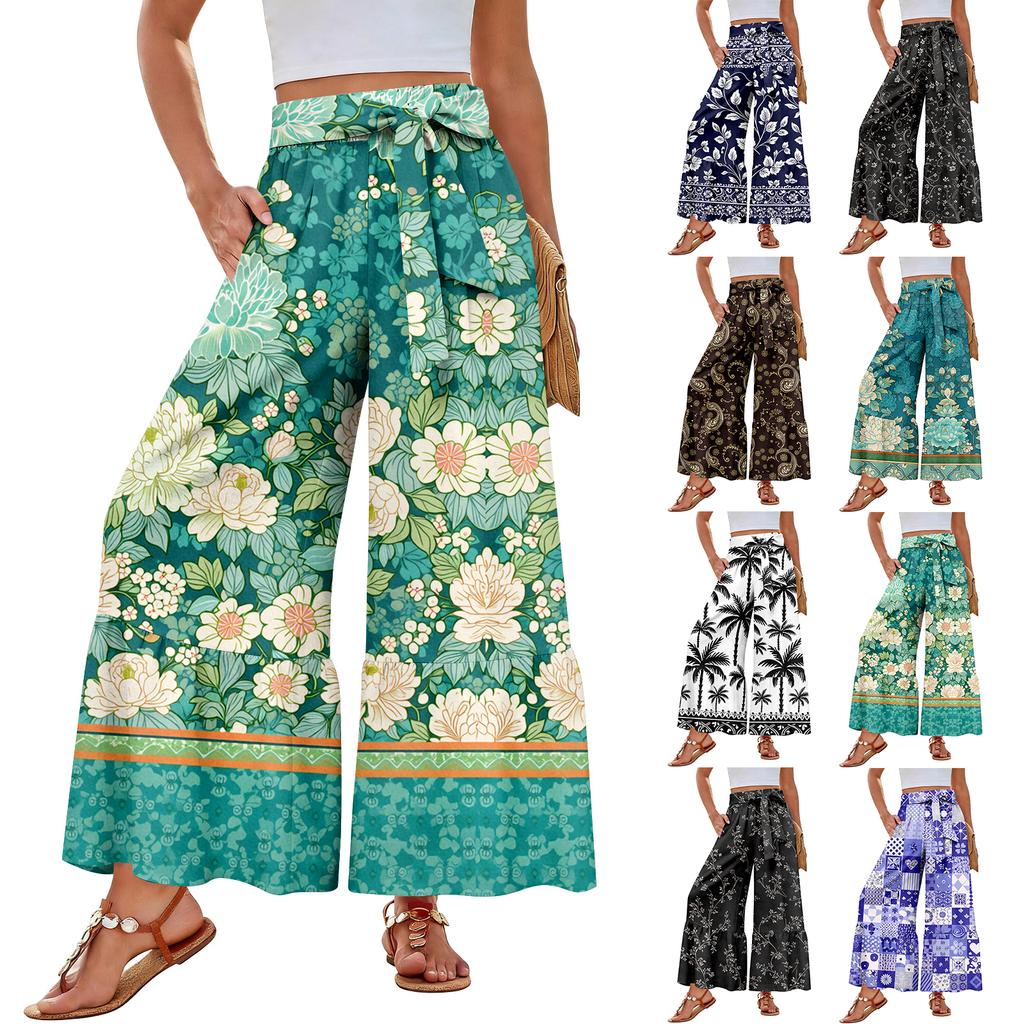 Women's Wide-Leg Casual Pants, Stretch, High Waist, Ruffled Hem, Wide Legs, Belted, And Pockets