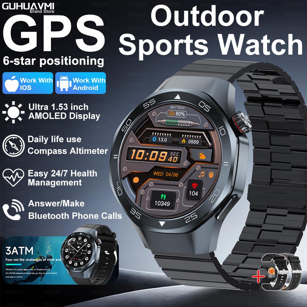 New GPS Position Smart Watch Men 1.53'' AMOLED HD Screen Compass Heart Rate 3ATM Waterproof Call Sports Business Smart Watch