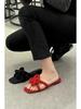 2025 Women's Genuine Leather Red Chinese Knot Flat Sandals - Square Toe, One-Strap Casual Outdoor Wear