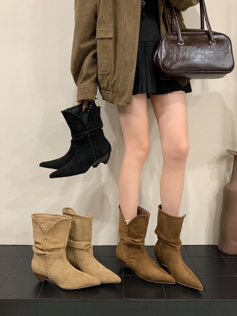 2025 Pointed Short Boots Women's Thick Heel Short Tube Thin Boots European and American Style Khaki Matte Suede Stacking Boots