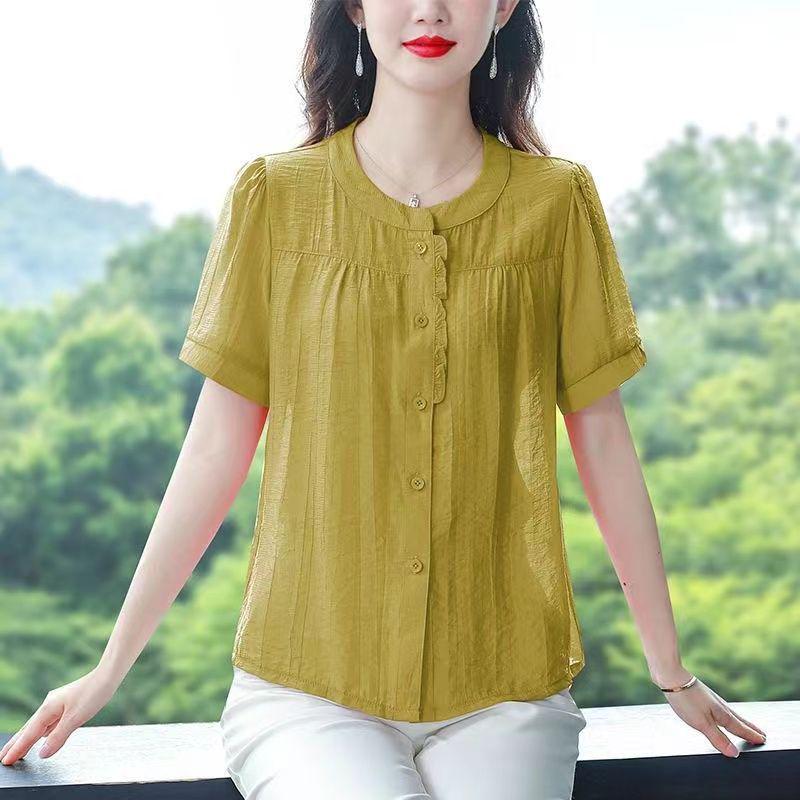 

Spring/Summer 2025 Cotton-Linen Loose Slimming Round Neck Solid Color Blouse for Moms 4XL [Recommended 72.5-80 kg]