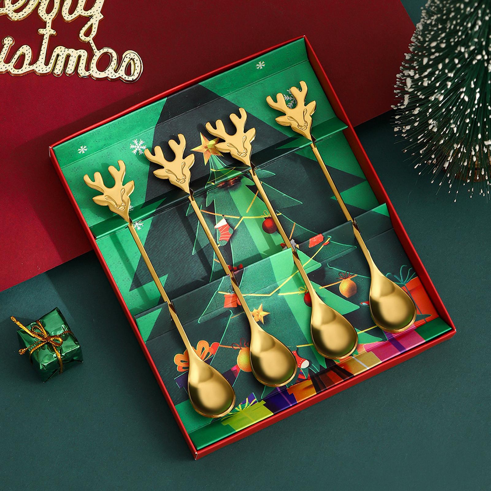 Coffee Spoons 4 Pieces Stainless Steel Christmas Coffee Spoons Decorative Teaspoons Set for Dessert Eating Cooking Cream Coffee CN