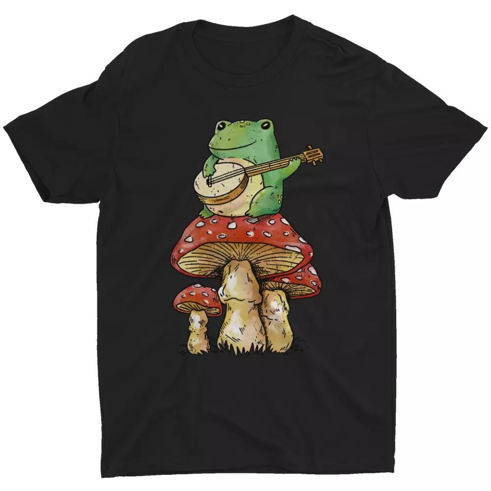 Frog Playing Banjo Red Mushroom Psychedelic T-Shirt Funny Music Animal Love Tee Unisex T-Shirt L