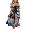 Women V Neck Short Sleeve Casual Dress Hawaiian Print Mid Length Summer Dress with Waist Tie Beachwear