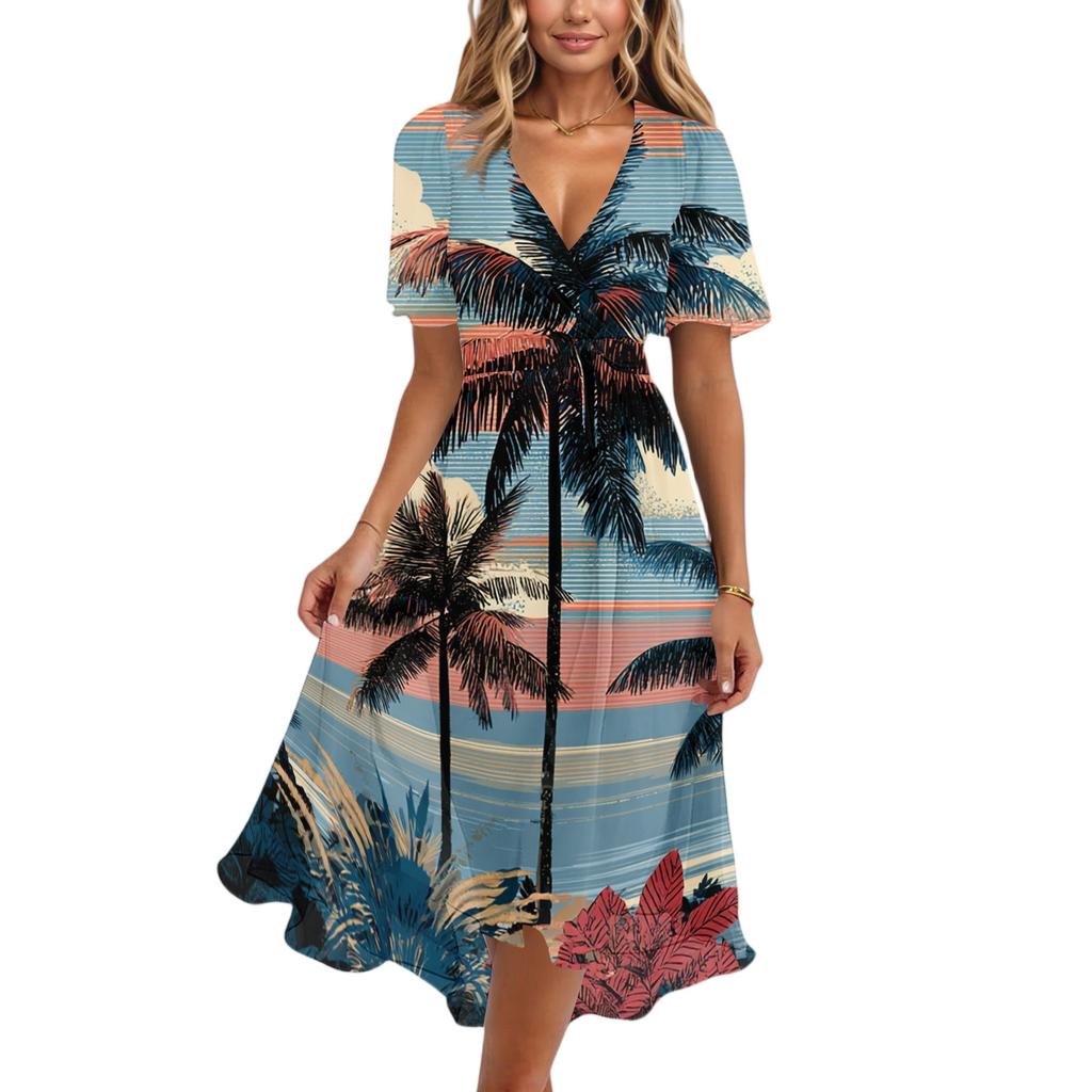 Women V Neck Short Sleeve Casual Dress Hawaiian Print Mid Length Summer Dress with Waist Tie Beachwear