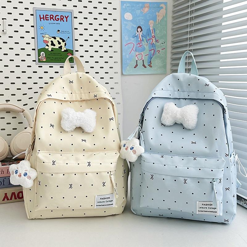 Schoolbag, Schoolbag, Middle School Girls, Heart Wave Dot Bow, Versatile, High-value Double Shoulder Bag for High School Students