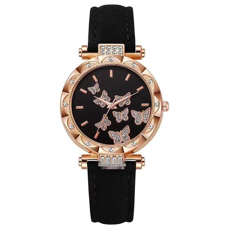 Douyin Fashion Seven-Butterfly Diamond Women's Leather Strap Watch