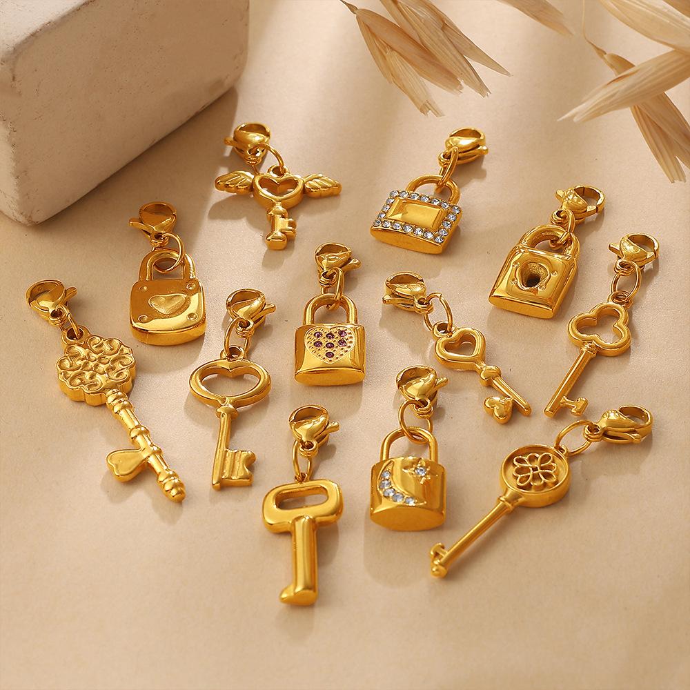 Retro Wind Diamond Lock Key Series Lobster Buckle Pendant Stainless Steel Gold-Plated Versatile Diy Accessories