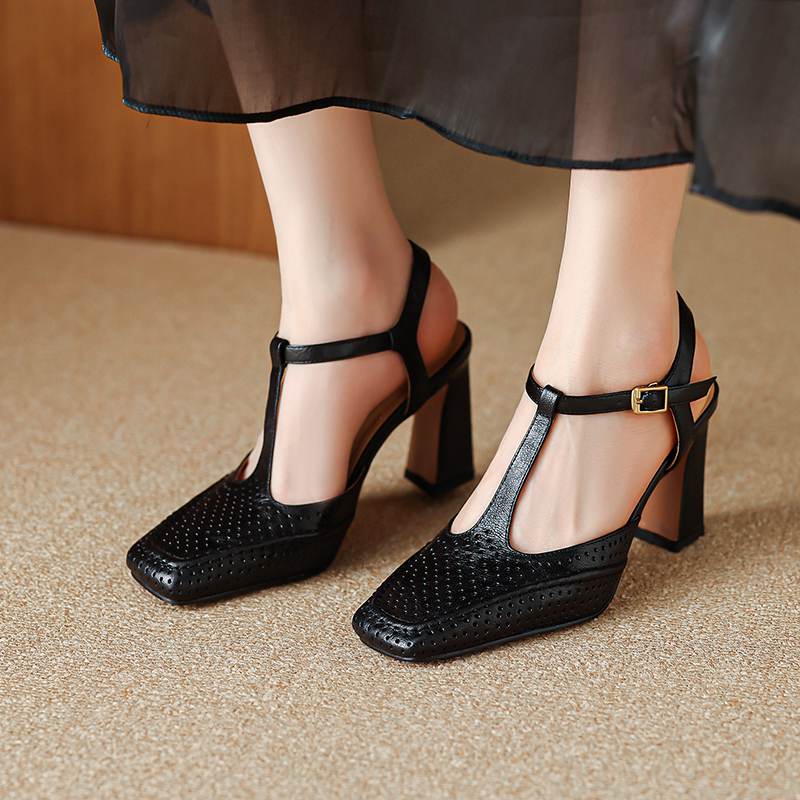 Krazing Pot Sheepskin Square Toe Size 41 High Heels Hollow Out Decoration Super High Heels Breathable Autumn Pumps