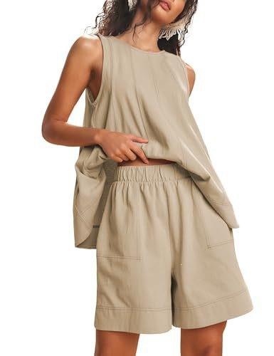 Women's two-piece shorts set Summer round neck sleeveless vest drawstring elastic waist shorts with pockets