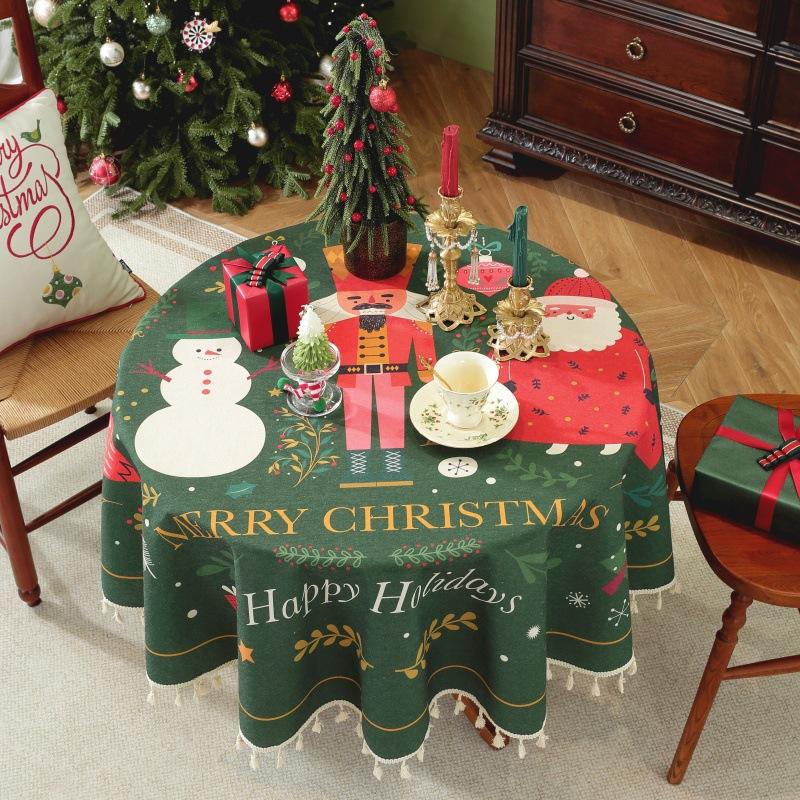 Christmas Round Tablecloth with Tassel Polyester Cotton Printed Table Cloth Red Green Decorative Table Cover for Home Decoration