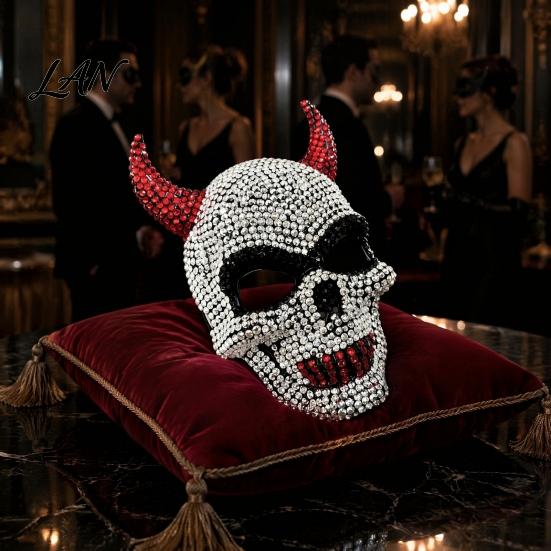 Unique Halloween Event Mask Rhinestone Mask, Sparkly Faux Crystal Demon Horn Masquerade Breathable Face Lightweight Full Cosplay Prop for Party
