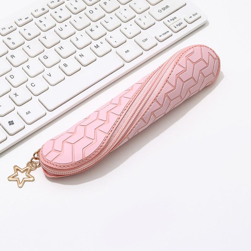 Embossed PU Leather Pencil Case with Star Pendant - Portable Stationery Storage Bag for Students