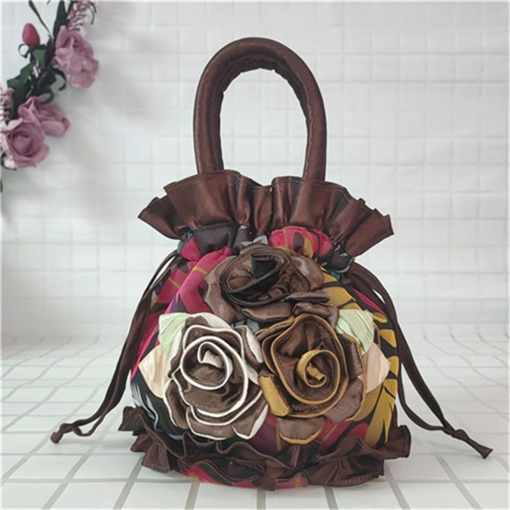 High Quality Top Handle Lace Flower Bag Lace Embroidery Bucket Drawstring Cloth Bag Dacron Women's Handbag