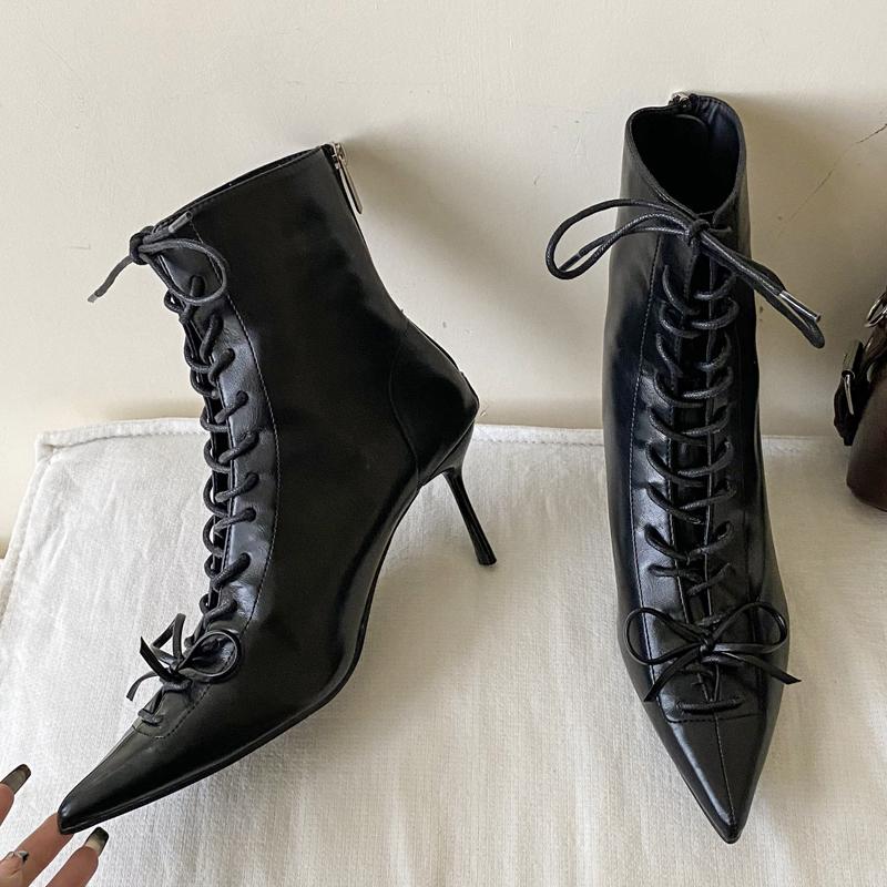 Fashion Eilyken 2026 New Spring Pointed Toe Women Ankle Boot Fashion Narrow Band Thin Heels Lace Up Zipper Short Booties Shoes
