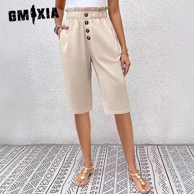 Solid Colour Cotton Linen Insert Pocket Button Ladies Casual Pants Shorts