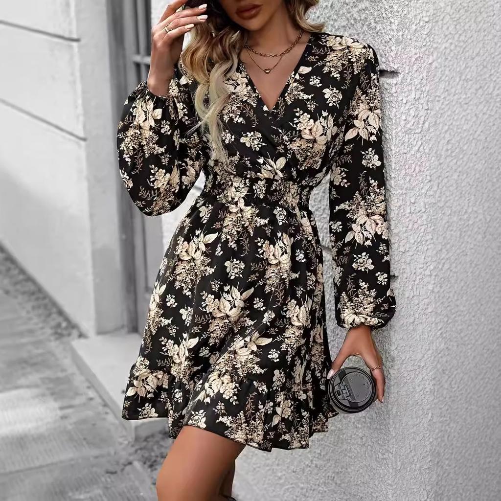 Women Spring Autumn Lantern Sleeve V Neck Flower Printed One Piece Dress