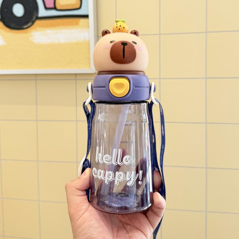 Cartoon Bear Straw Cup: Portable Flip-top Water Bottle with Lanyard
