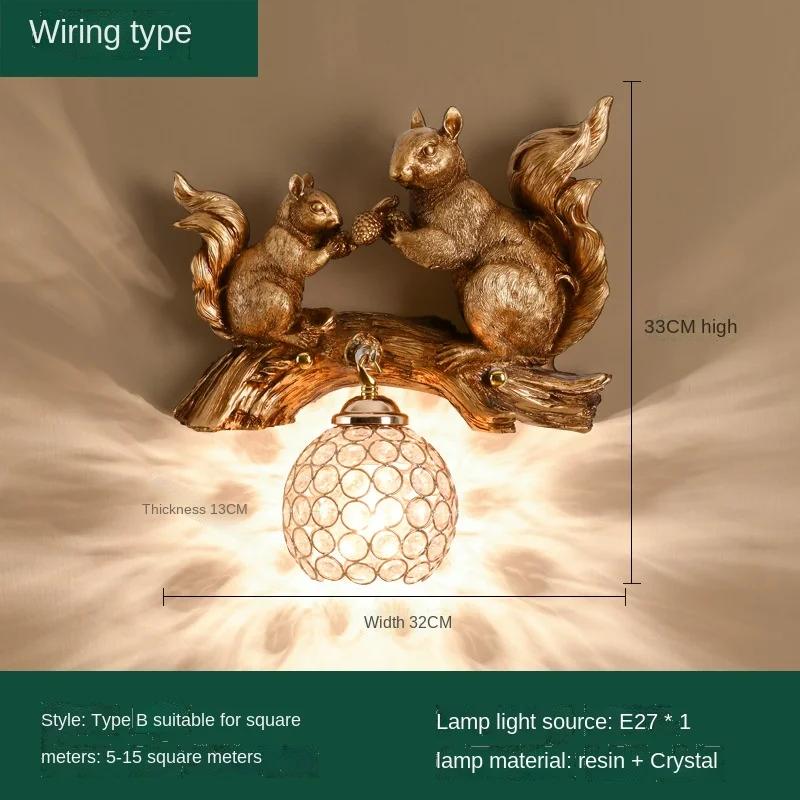 Nordic Style Resin Squirrel Crystal Led Wall Lamp Vintage Loft Decor Bedroom Bedside background Sconce Art Hallway Wall Lights