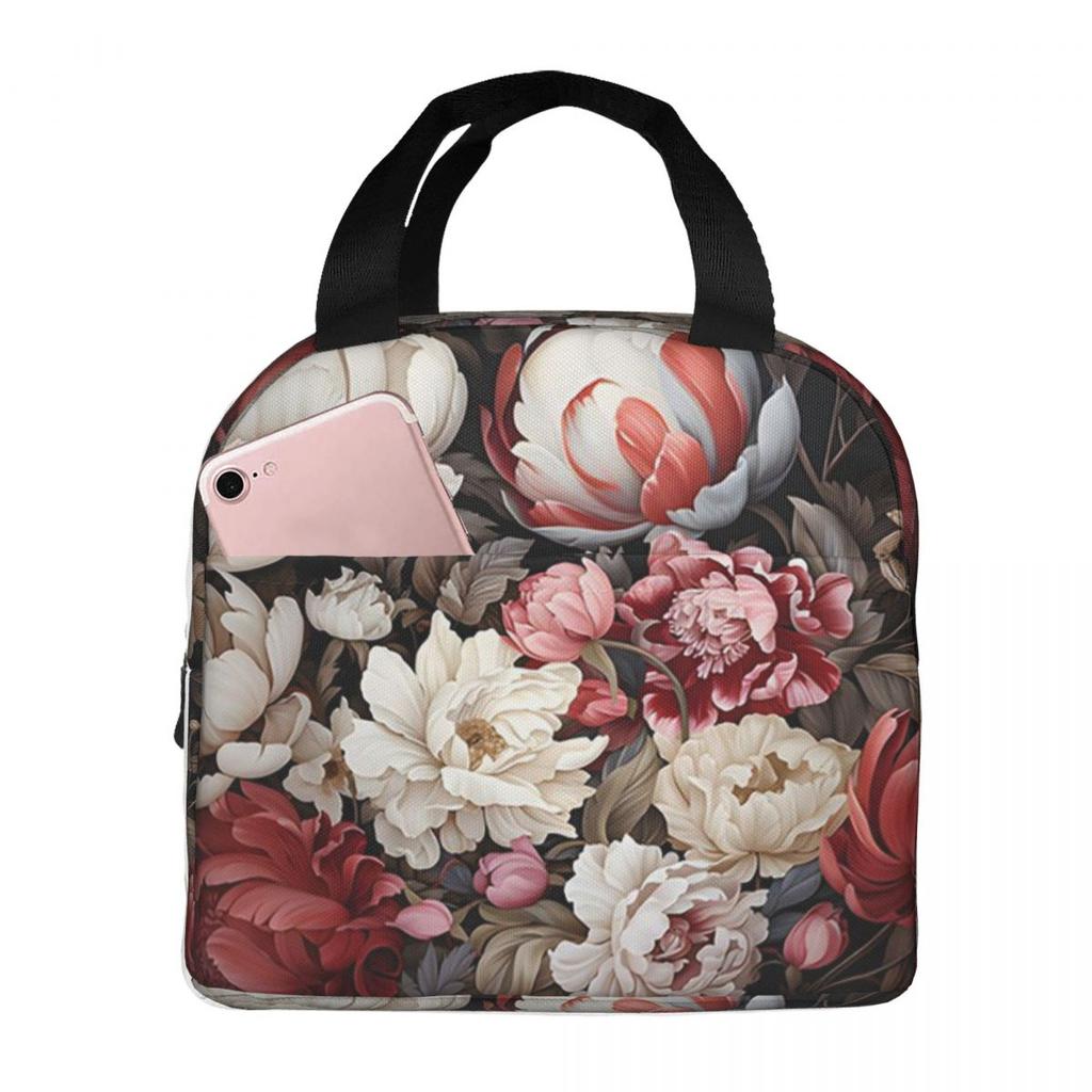 Elegant Red And White Peony Floral Nightgarden Insulated Lunch Bag for Women Kids Portable Food Boxes Thermal Lunch Box Tote