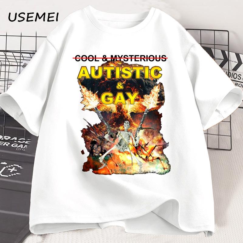 Autistic and Gay Skeleton Explosion T-Shirt Unhinged Graphic T Shirts Cursed Skeleton Autism Meme Tshirt Men Women Tees Clothes