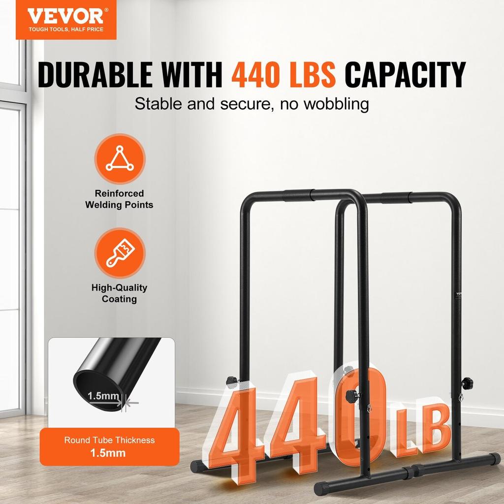 Dip Bars, 440 Lbs Capacity, Heave Duty Dip Stand Station with Adjustable Height, Fitness Workout Dip Bar Station Stabilizer Parallette Push Up Stand,