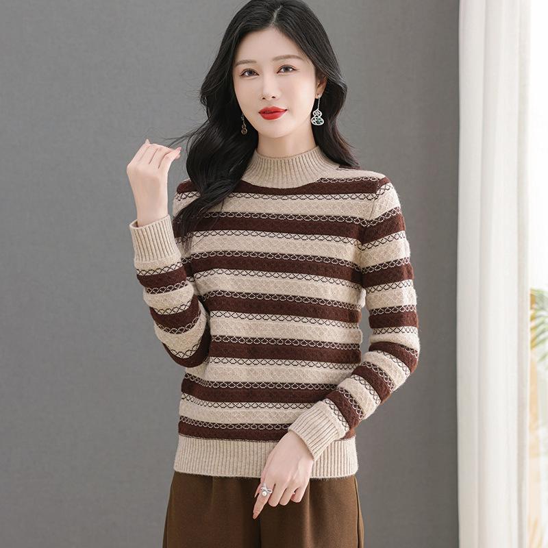 Wool Color Block Knit Sweater - Women's 2023 Autumn/Winter Slimming Half-High Neck