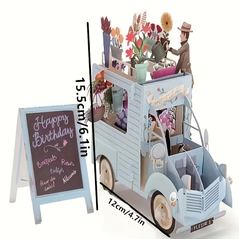 Charming 3D Pop-Up Birthday Card - Laser-Cut Paper Craft with Vintage Blue Car Design, Pink & Red Flowers, Ideal for Friends & Family