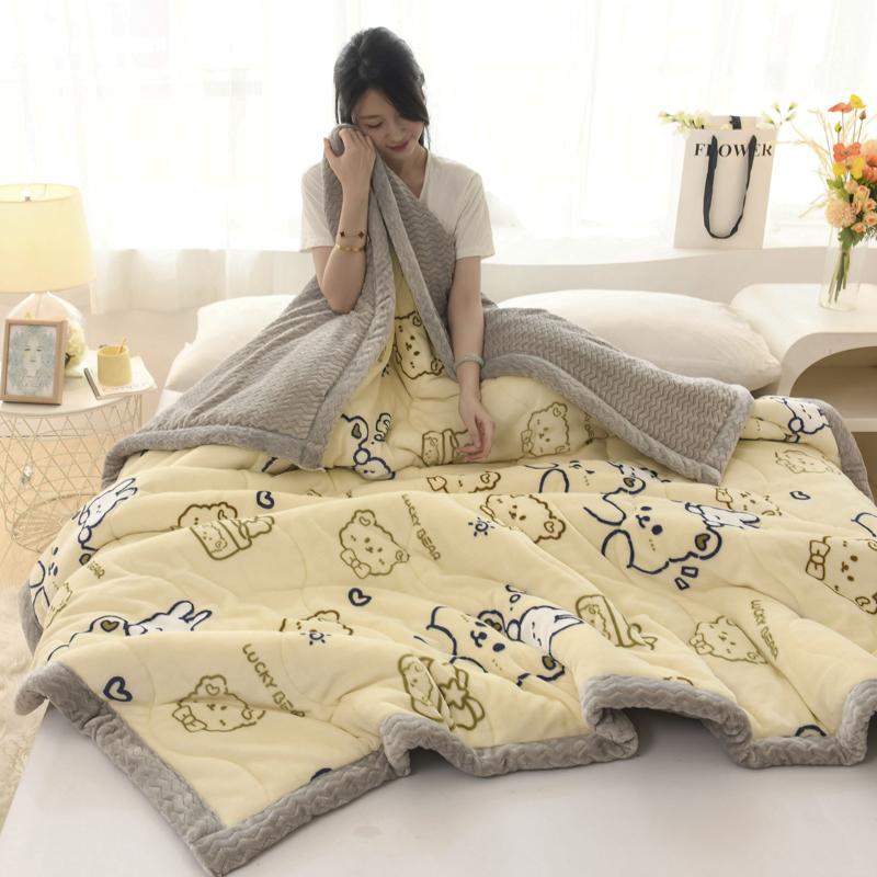 Thickened Warm Coral Fleece Winter Blanket for Bed Cartoon Bear Printed Double-layer Milk Velvet Blankets Double Plush Comforter