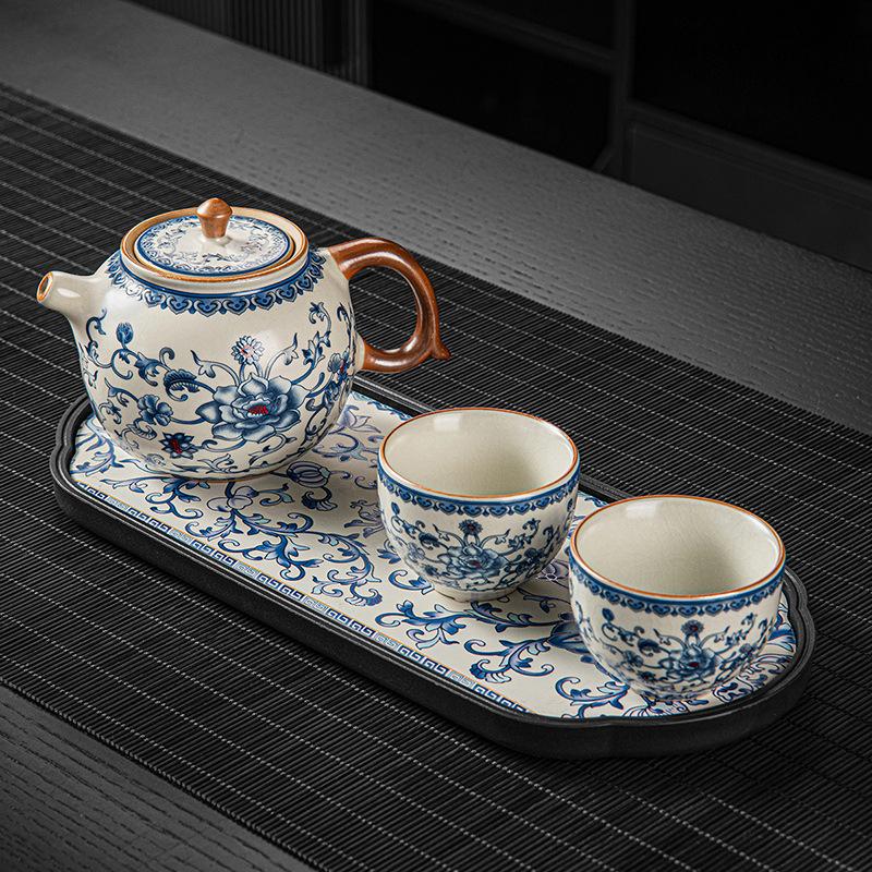 New Chinese Style Huangru Kiln Flower Teaware Sets with One Pot and Two Cups Tea Set and Dry Brewing Plate Tea Stand