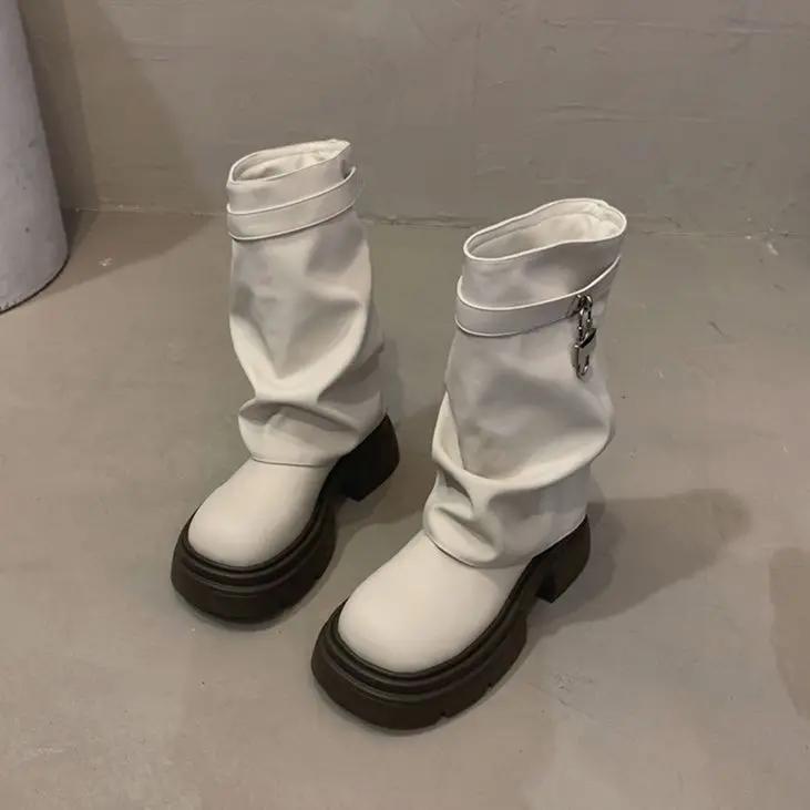 Botas de Tornozelo Pretas com Fivela da Moda para Mulheres Botas de Combate Femininas de Plataforma Grossa Slip-on Punk de Couro PU da Moda