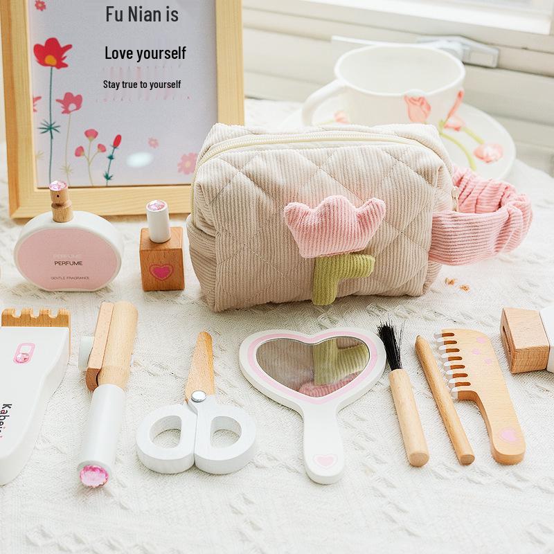 Korean Style Wooden Makeup Play Set: Pretend Eyeshadow, Powder, Lipstick, Perfume, Hair Accessories.