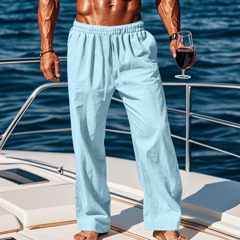 Men's Beige Textured Linen Blend Beach Pants, Casual Drawstring Elastic Waist Loose Fit Trousers